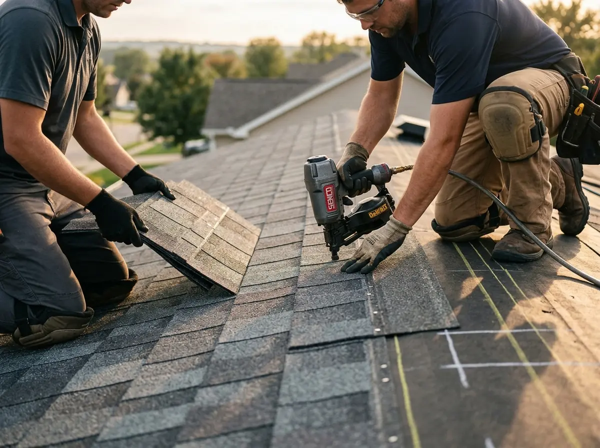 Professional roofer working on a residential roof in St. Martinville
